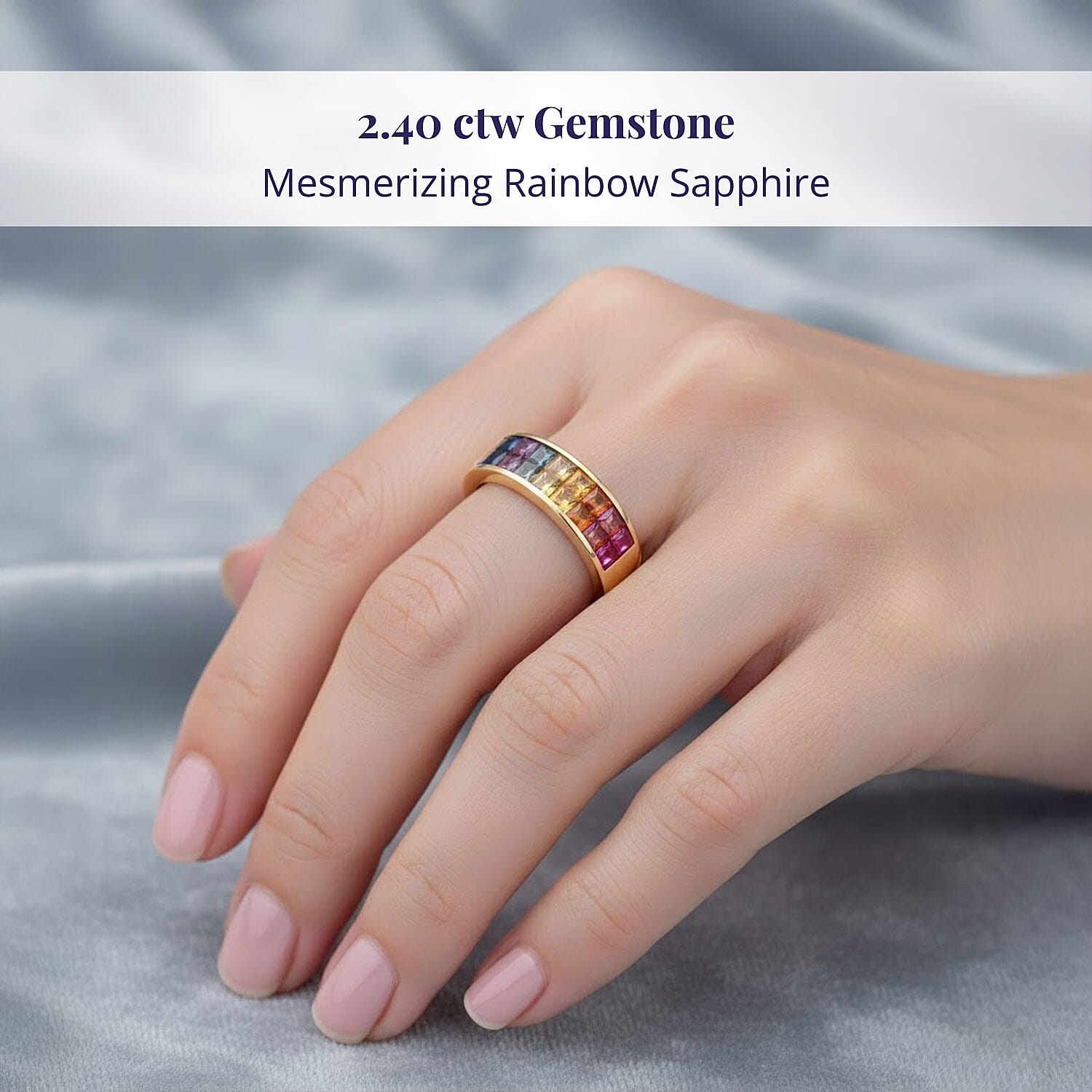 Luxoro AAA Rainbow Sapphire Band Ring in 10K Yellow Gold 2.40 ctw (Size 6.0)