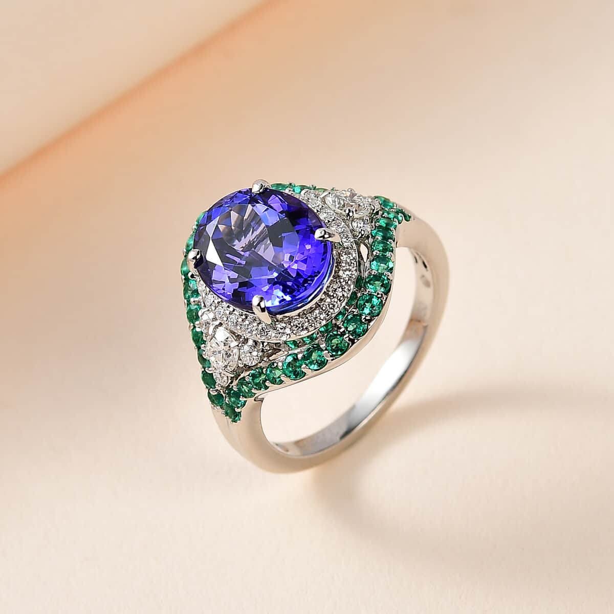 Rhapsody 950 Platinum AAAA Tanzanite, Boyaca Colombian Emerald, Diamond (E-F, VS2) (0.55 cts) Ring (Size 6.0) (8.55 g) 5.90 ctw image number 1