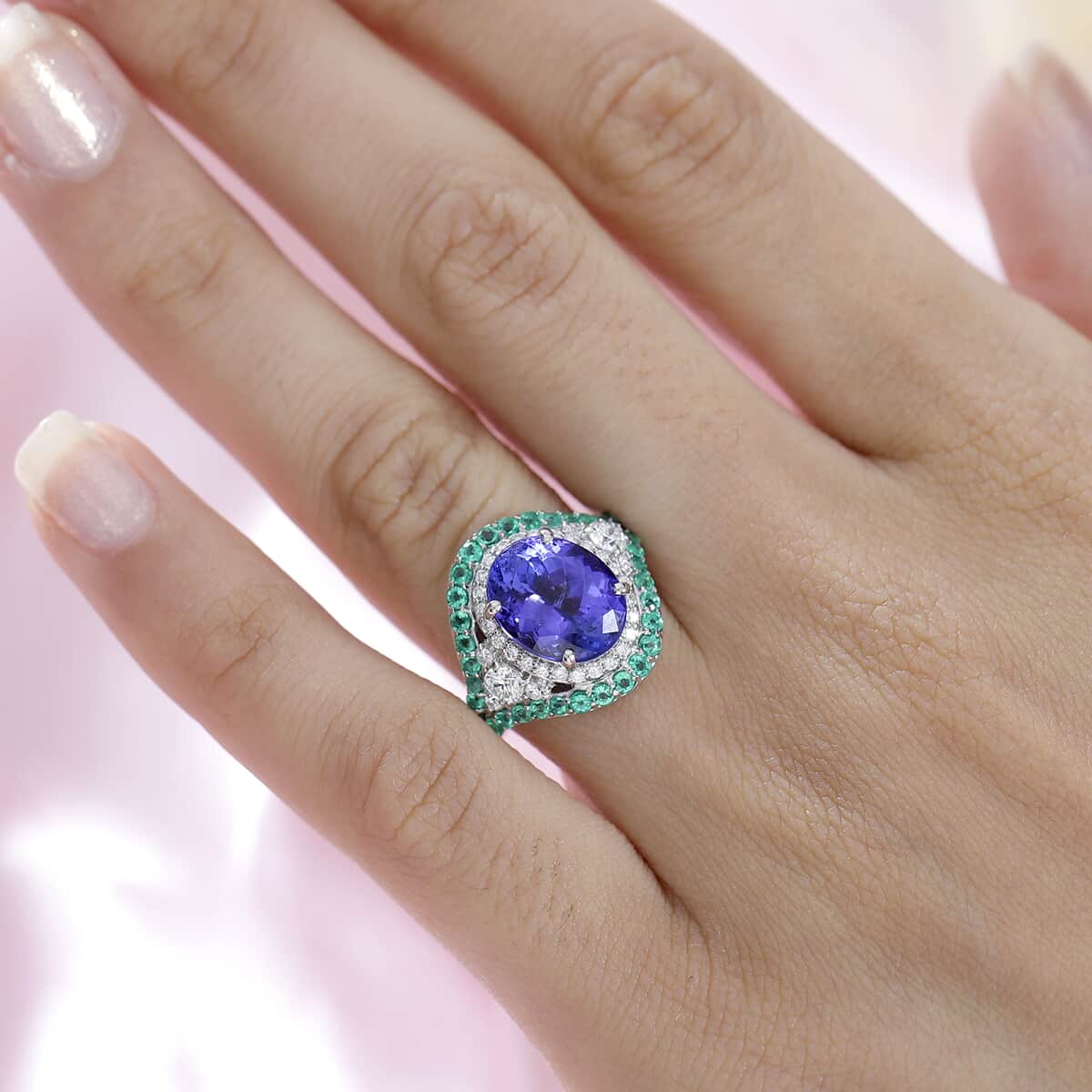 Rhapsody 950 Platinum AAAA Tanzanite, Boyaca Colombian Emerald, Diamond (E-F, VS2) (0.55 cts) Ring (Size 6.0) (8.55 g) 5.90 ctw image number 2