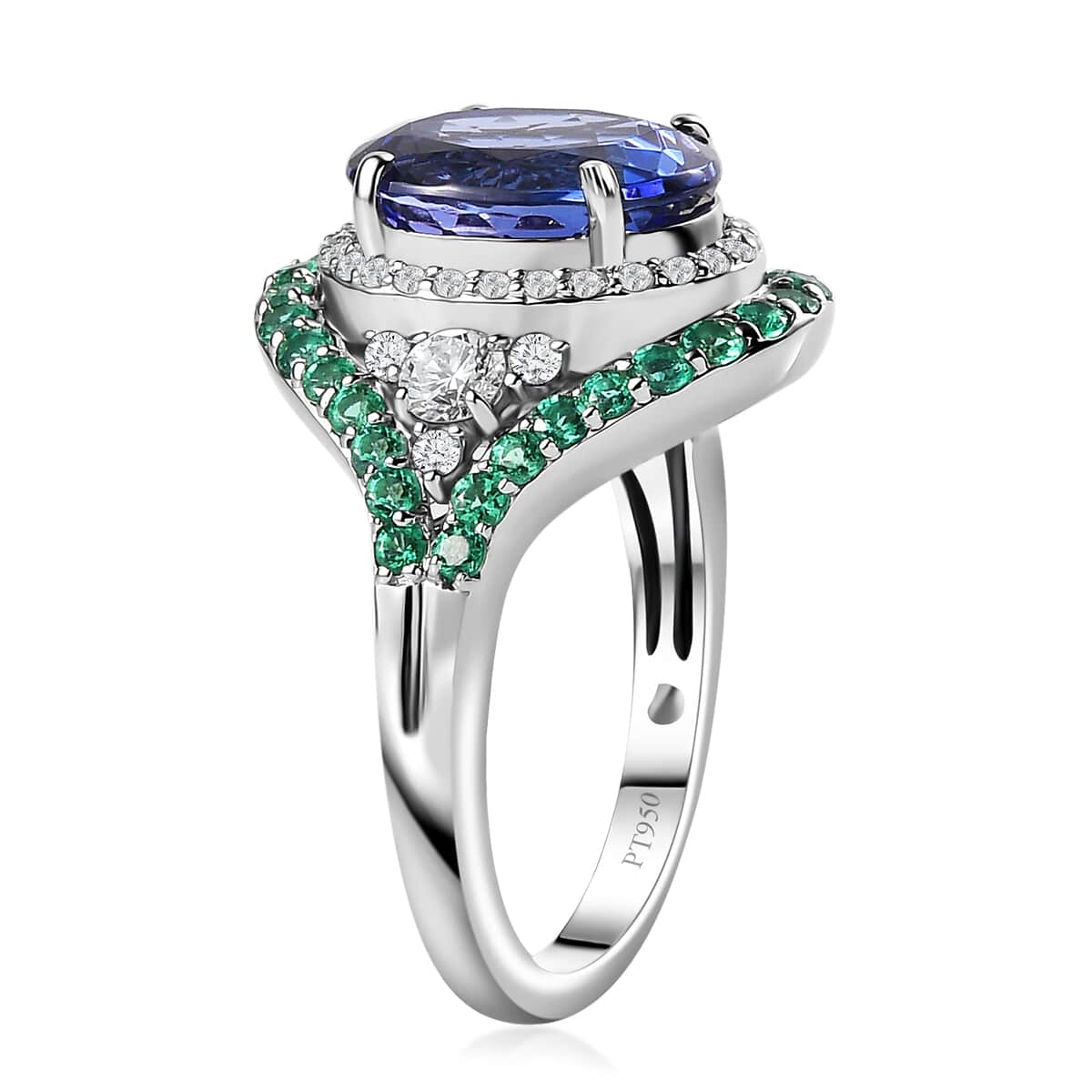 Rhapsody 950 Platinum AAAA Tanzanite, Boyaca Colombian Emerald and E-F VS2 Diamond Ring (Size 10.0) 8.55 Grams 5.90 ctw image number 3