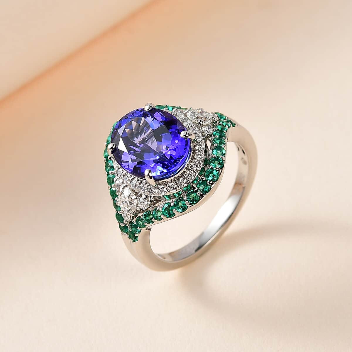 Rhapsody 950 Platinum AAAA Tanzanite, Boyaca Colombian Emerald and E-F VS2 Diamond Ring (Size 5.0) 8.55 Grams 5.90 ctw image number 1