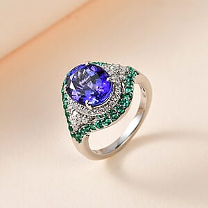 Rhapsody 950 Platinum AAAA Tanzanite, Boyaca Colombian Emerald and E-F VS2 Diamond Ring (Size 5.0) 8.55 Grams 5.90 ctw