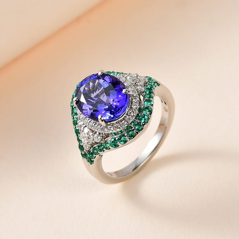 Rhapsody 950 Platinum AAAA Tanzanite, Boyaca Colombian Emerald and E-F VS2 Diamond Ring (Size 5.0) 8.55 Grams 5.90 ctw