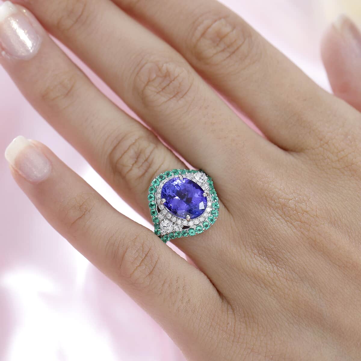 Rhapsody 950 Platinum AAAA Tanzanite, Boyaca Colombian Emerald and E-F VS2 Diamond Ring (Size 5.0) 8.55 Grams 5.90 ctw image number 2