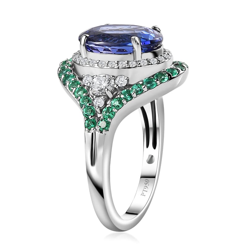 Rhapsody 950 Platinum AAAA Tanzanite, Boyaca Colombian Emerald and E-F VS2 Diamond Ring (Size 5.0) 8.55 Grams 5.90 ctw