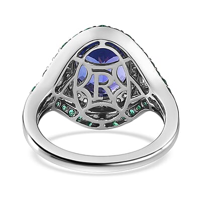 Rhapsody 950 Platinum AAAA Tanzanite, Boyaca Colombian Emerald and E-F VS2 Diamond Ring (Size 5.0) 8.55 Grams 5.90 ctw