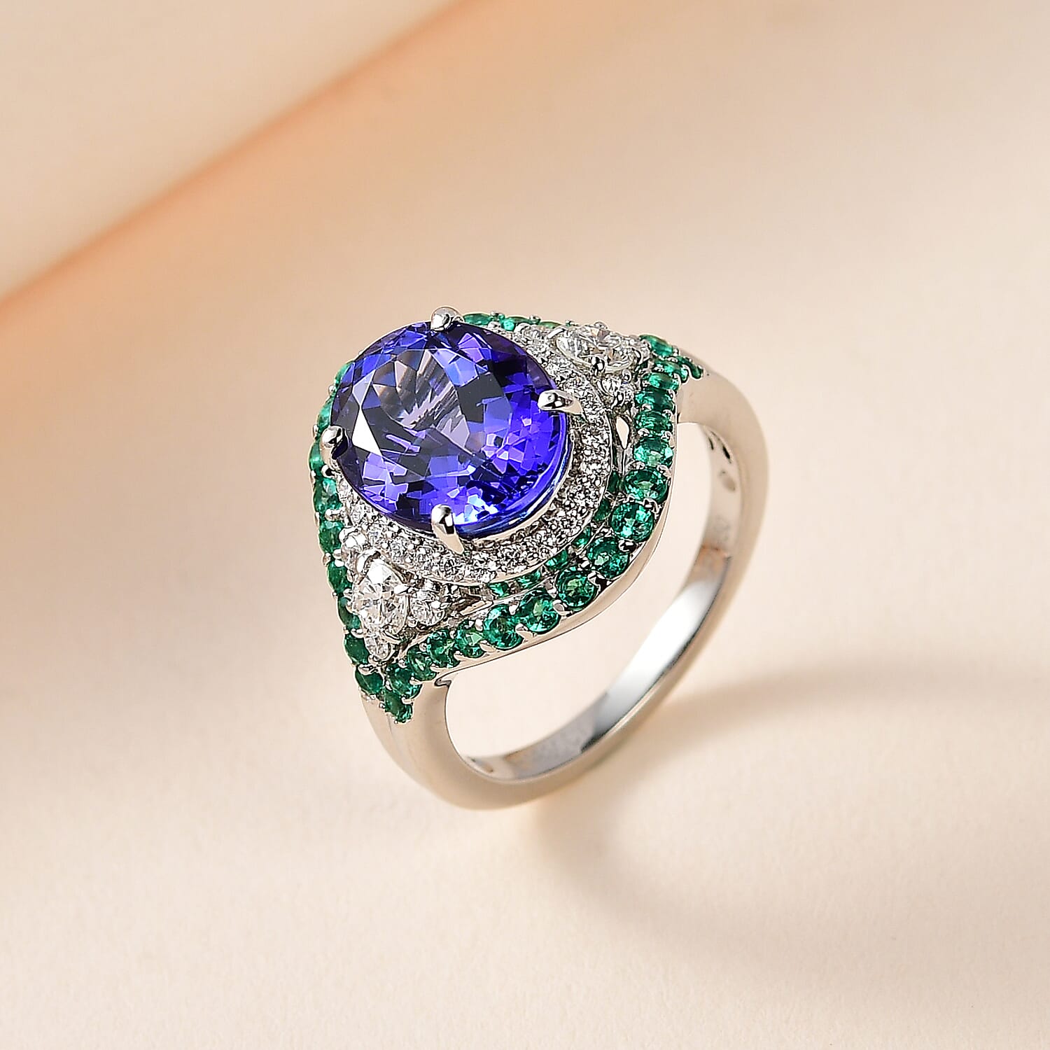 Rhapsody 950 Platinum AAAA Tanzanite, Boyaca Colombian Emerald and E-F VS2 Diamond Ring (Size 8.5) 8.55 Grams 5.90 ctw