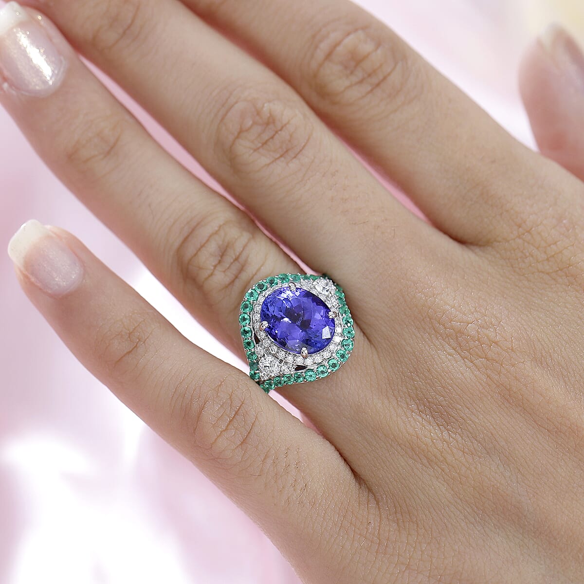 Rhapsody 950 Platinum AAAA Tanzanite, Boyaca Colombian Emerald and E-F VS2 Diamond Ring (Size 8.5) 8.55 Grams 5.90 ctw image number 2