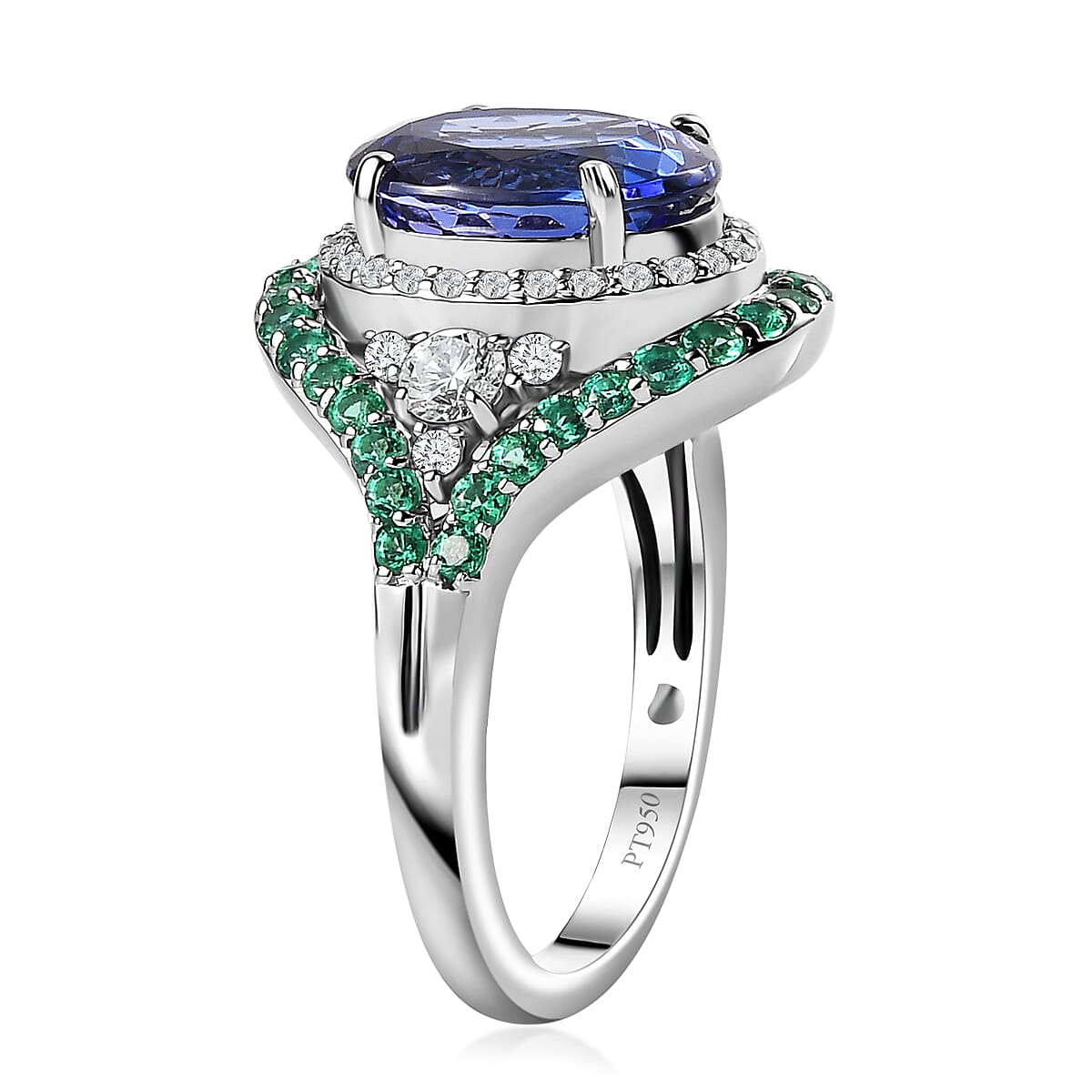 Rhapsody 950 Platinum AAAA Tanzanite, Boyaca Colombian Emerald and E-F VS2 Diamond Ring (Size 8.5) 8.55 Grams 5.90 ctw
