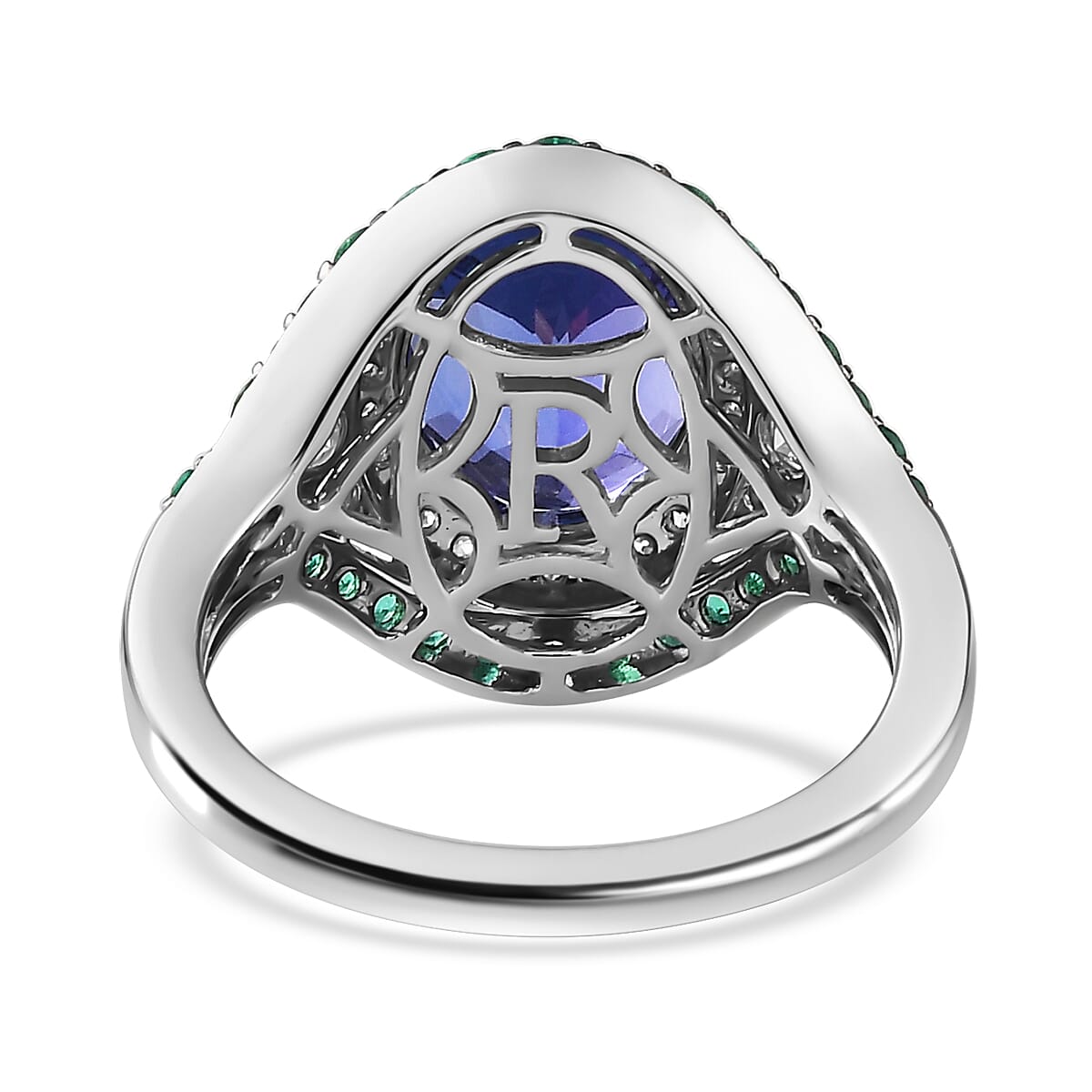 Rhapsody 950 Platinum AAAA Tanzanite, Boyaca Colombian Emerald and E-F VS2 Diamond Ring (Size 8.5) 8.55 Grams 5.90 ctw