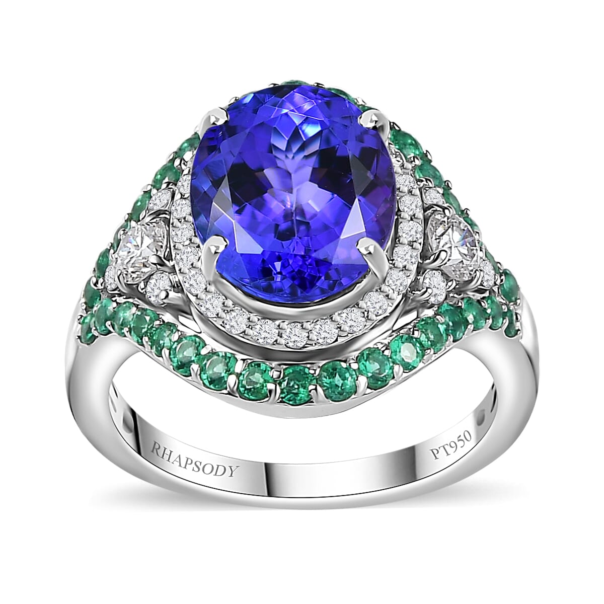 Rhapsody 950 Platinum AAAA Tanzanite, Boyaca Colombian Emerald and E-F VS2 Diamond Ring (Size 9.0) 8.55 Grams 5.90 ctw image number 0
