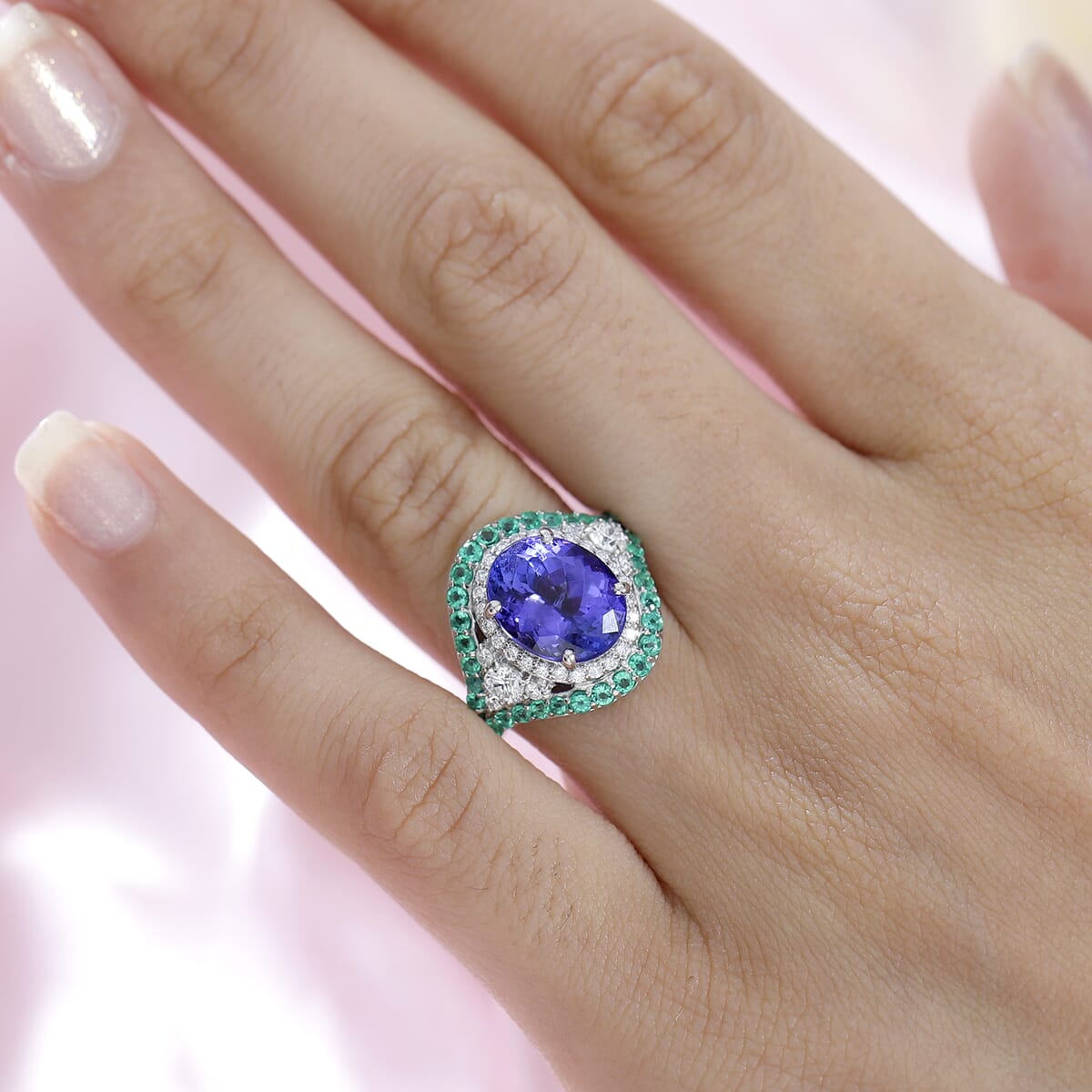 Rhapsody 950 Platinum AAAA Tanzanite, Boyaca Colombian Emerald and E-F VS2 Diamond Ring (Size 9.0) 8.55 Grams 5.90 ctw image number 2