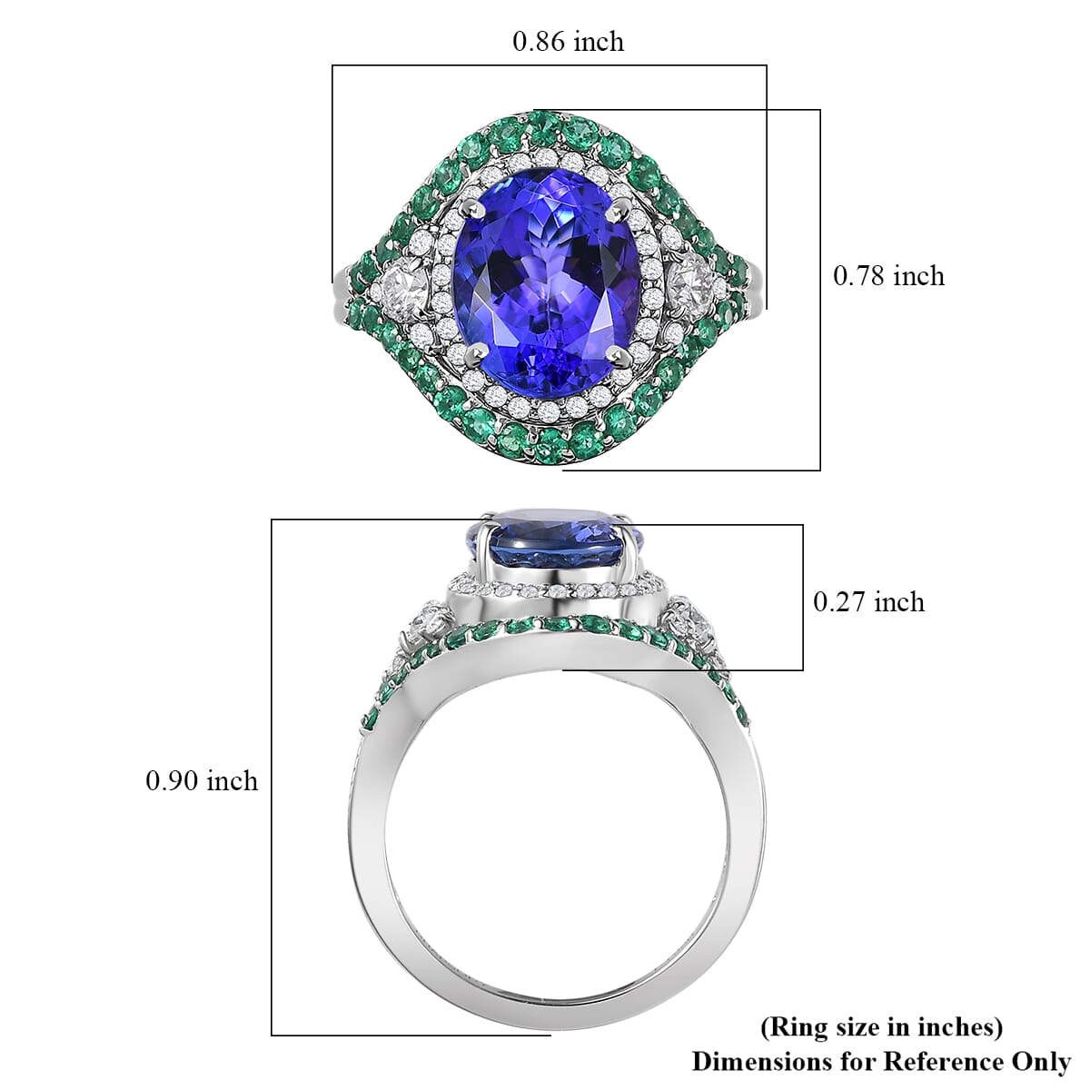 Rhapsody 950 Platinum AAAA Tanzanite, Boyaca Colombian Emerald and E-F VS2 Diamond Ring (Size 9.0) 8.55 Grams 5.90 ctw image number 5