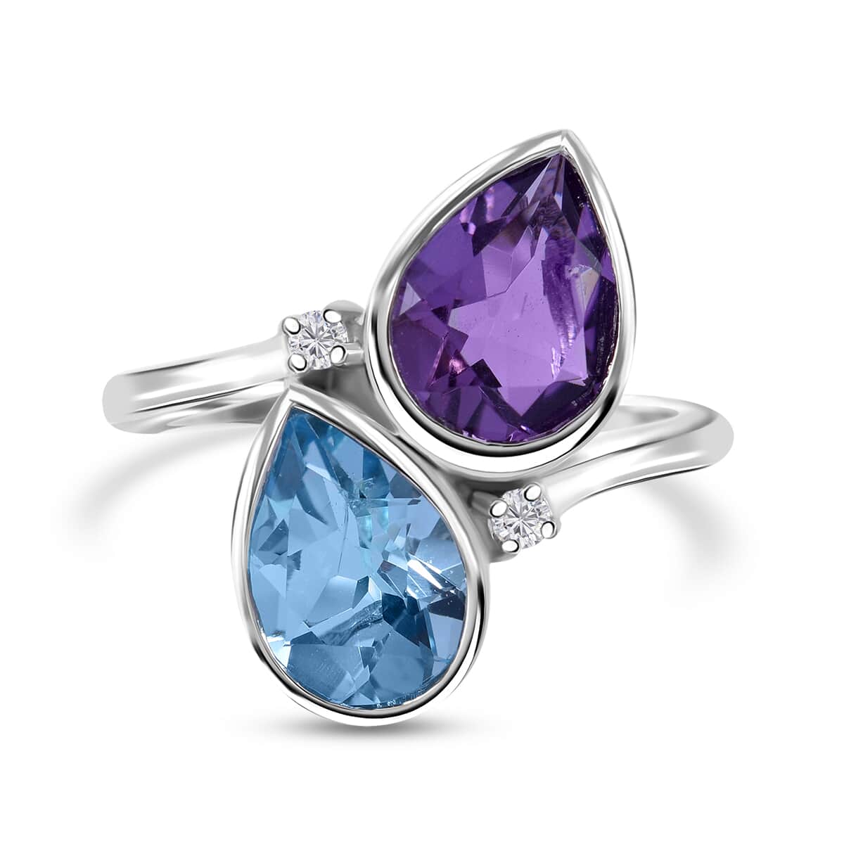 African Amethyst, Sky Blue Topaz and Moissanite Bypass Ring in Platinum Over Sterling Silver (Size 10.0) 5.10 ctw image number 0