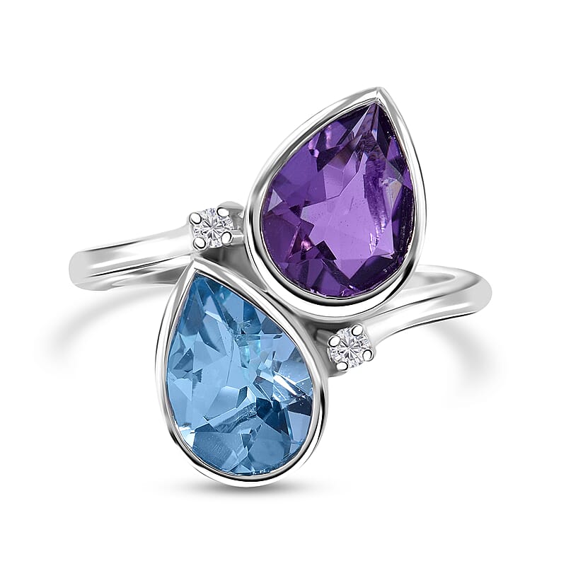 African Amethyst, Sky Blue Topaz and Moissanite 5.10 ctw Bypass Ring in Platinum Over Sterling Silver (Size 10.0) 