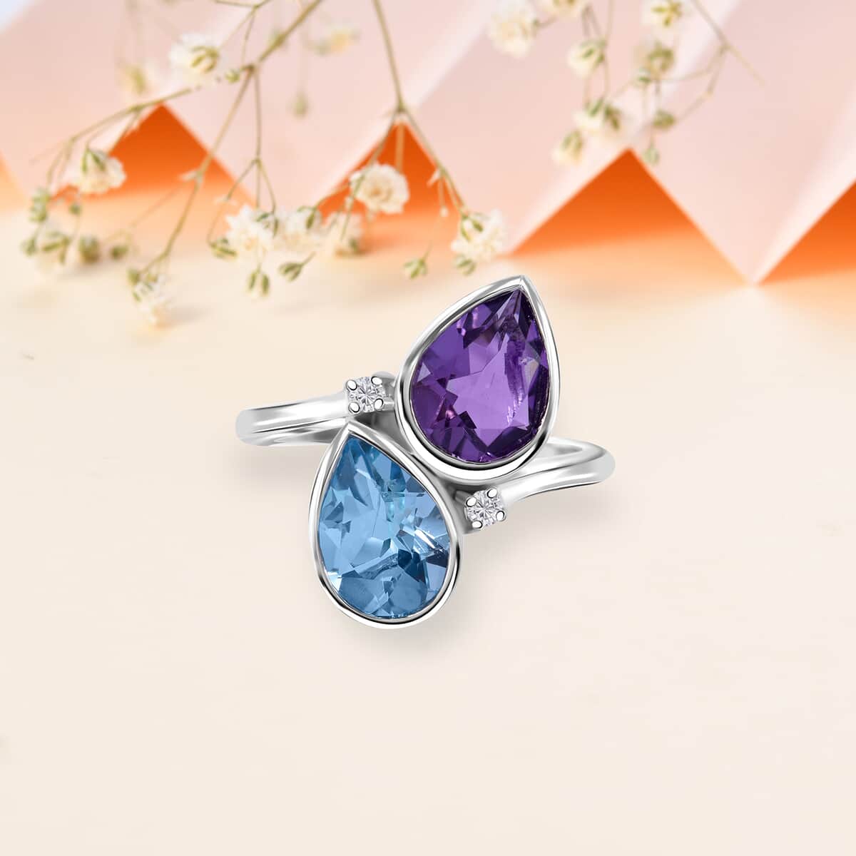 African Amethyst, Sky Blue Topaz and Moissanite Bypass Ring in Platinum Over Sterling Silver (Size 10.0) 5.10 ctw image number 1