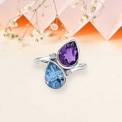 African Amethyst, Sky Blue Topaz and Moissanite 5.10 ctw Bypass Ring in Platinum Over Sterling Silver (Size 10.0) 