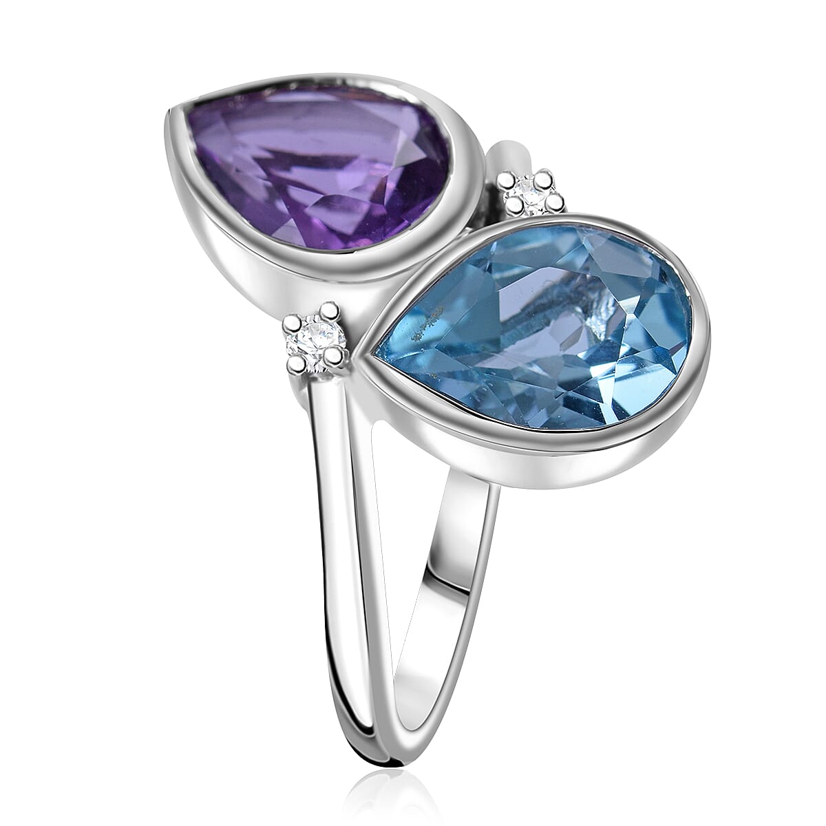 African Amethyst, Sky Blue Topaz and Moissanite 5.10 ctw Bypass Ring in Platinum Over Sterling Silver (Size 10.0) 