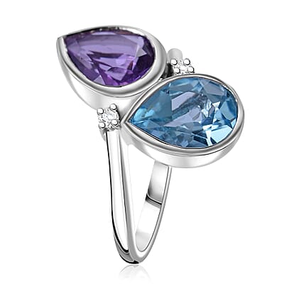 African Amethyst, Sky Blue Topaz and Moissanite 5.10 ctw Bypass Ring in Platinum Over Sterling Silver (Size 10.0) 