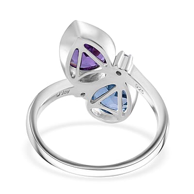 African Amethyst, Sky Blue Topaz and Moissanite 5.10 ctw Bypass Ring in Platinum Over Sterling Silver (Size 10.0) 