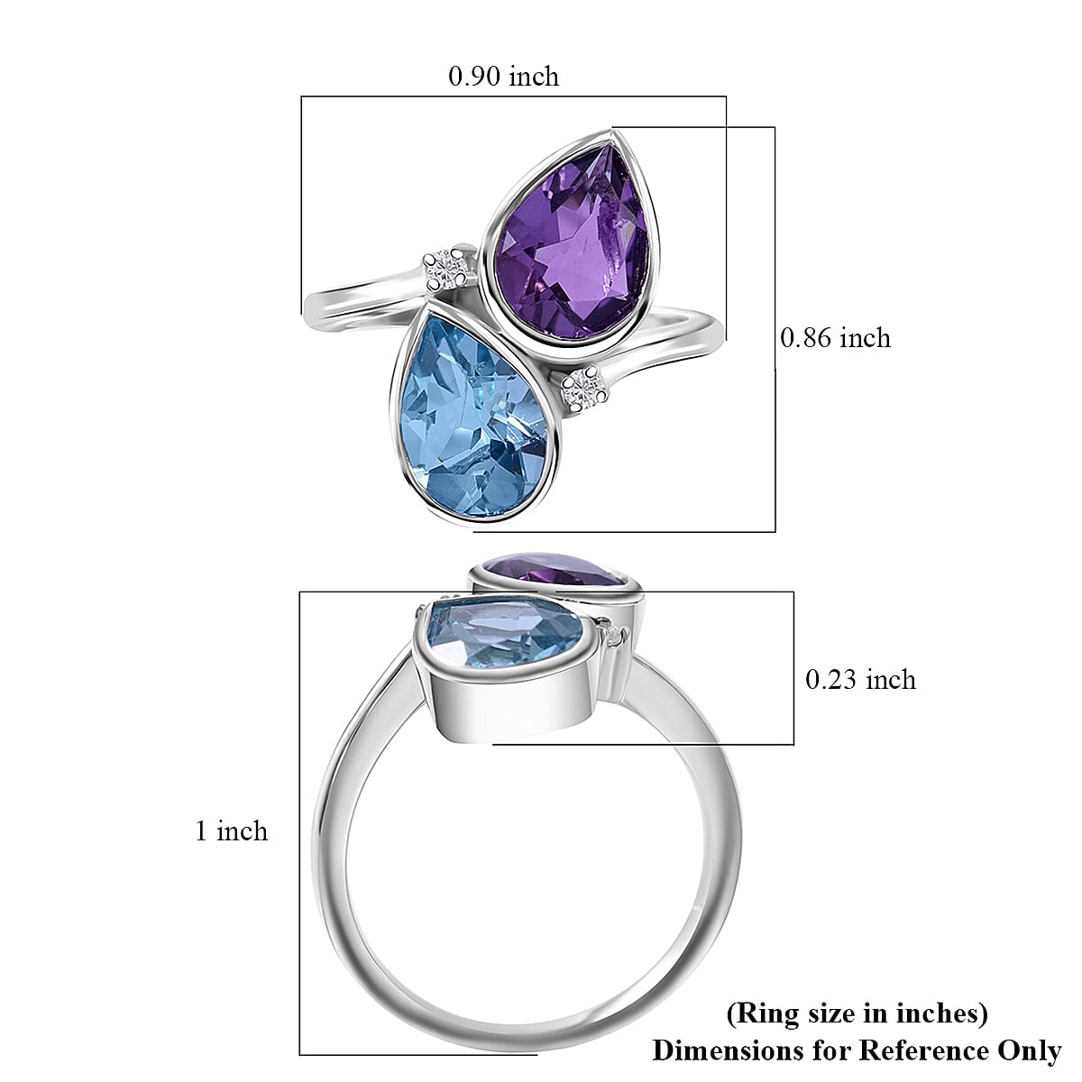 African Amethyst, Sky Blue Topaz and Moissanite 5.10 ctw Bypass Ring in Platinum Over Sterling Silver (Size 10.0) 