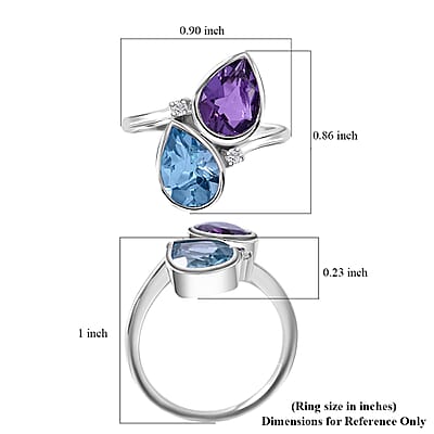 African Amethyst, Sky Blue Topaz and Moissanite 5.10 ctw Bypass Ring in Platinum Over Sterling Silver (Size 10.0) 