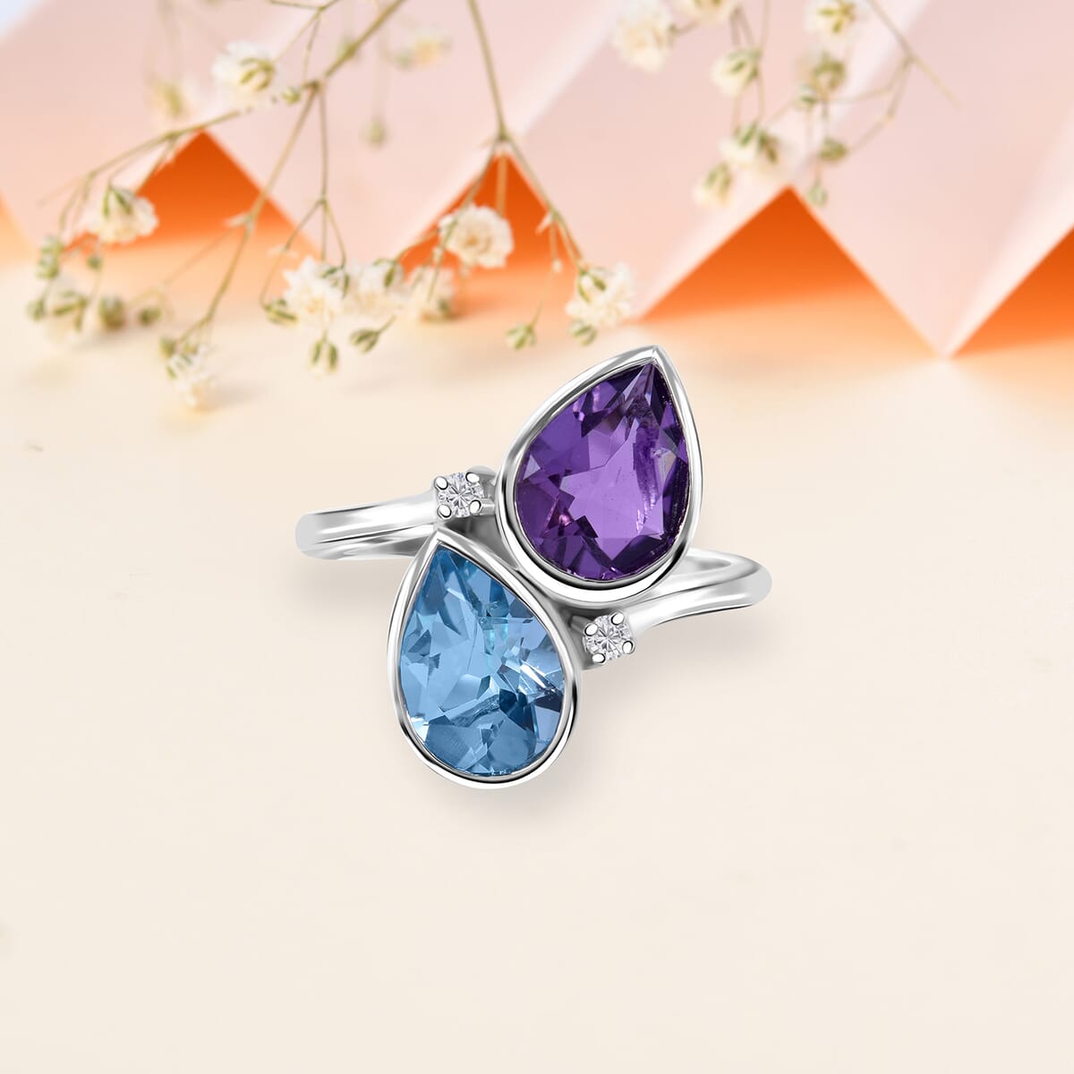 African Amethyst, Sky Blue Topaz and Moissanite 5.10 ctw Bypass Ring in Platinum Over Sterling Silver (Size 7.0)  image number 1