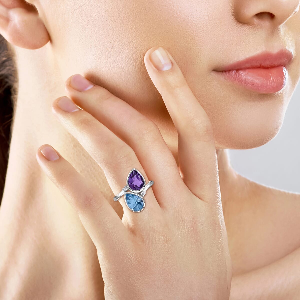 African Amethyst, Sky Blue Topaz and Moissanite 5.10 ctw Bypass Ring in Platinum Over Sterling Silver (Size 7.0)  image number 2