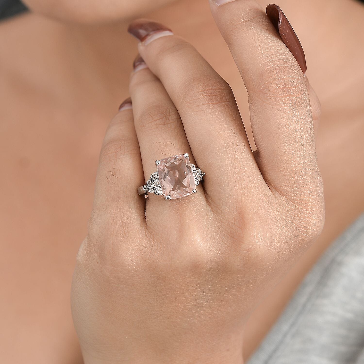 Morganite Quartz (Triplet) and Simulated Champagne Diamond Ring in Stainless Steel (Size 10.0) 6.90 ctw