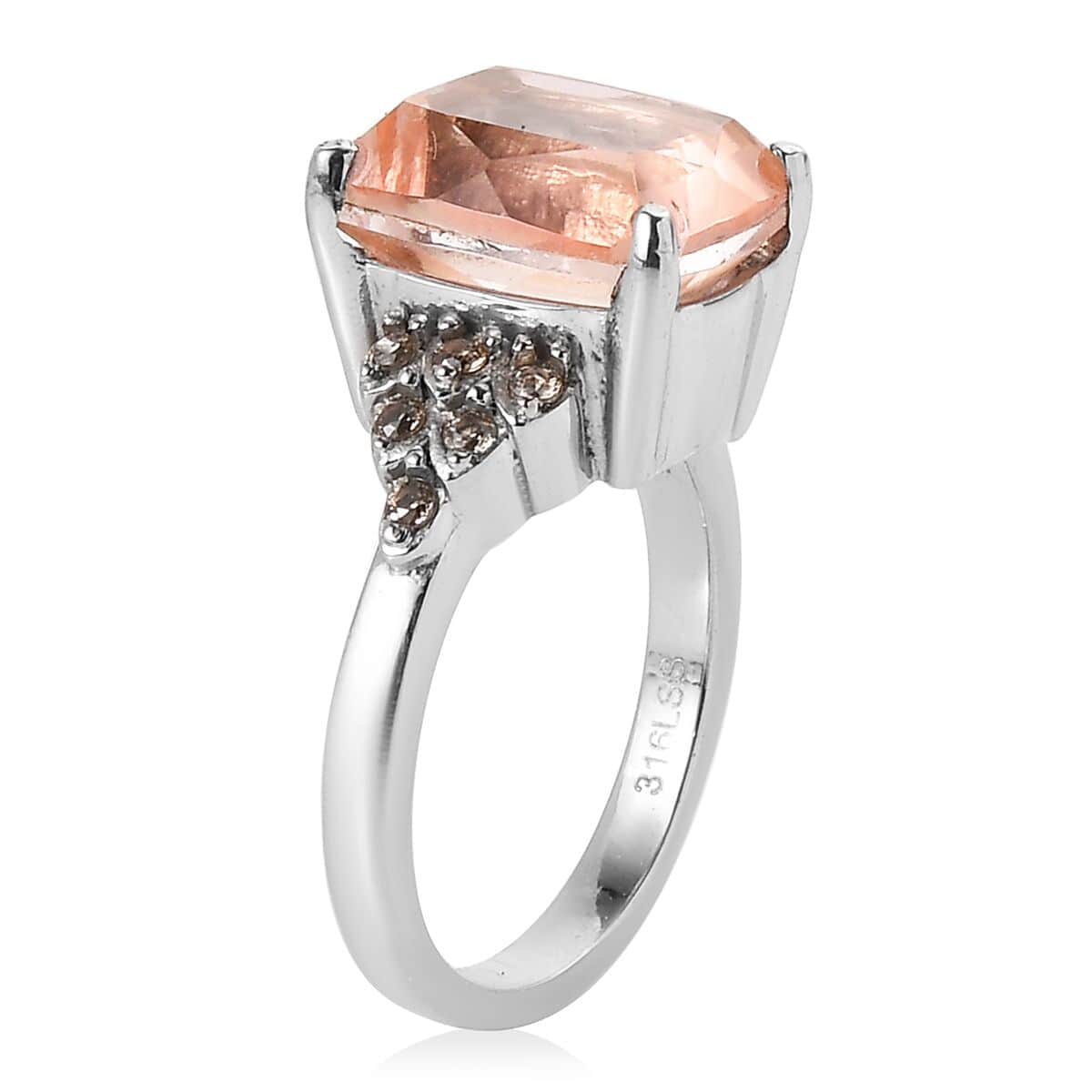 Morganite Quartz (Triplet) and Simulated Champagne Diamond Ring in Stainless Steel (Size 6.0) 6.90 ctw image number 2