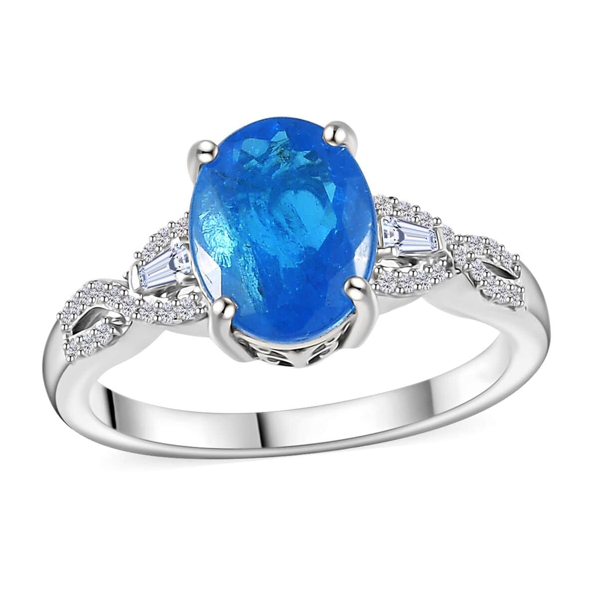 Malgache Neon Apatite and Moissanite Ring in Platinum Over Sterling Silver (Size 8.0) 2.90 ctw image number 0