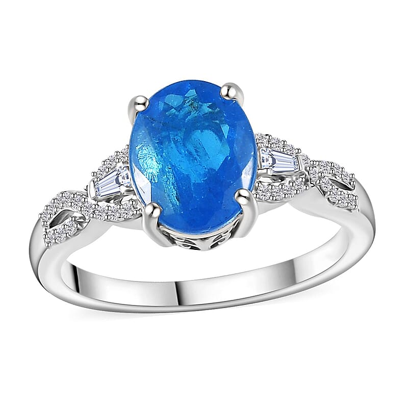 Malgache Neon Apatite and Moissanite Ring in Platinum Over Sterling Silver (Size 8.0) 2.90 ctw