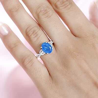 Malgache Neon Apatite and Moissanite Ring in Platinum Over Sterling Silver (Size 8.0) 2.90 ctw