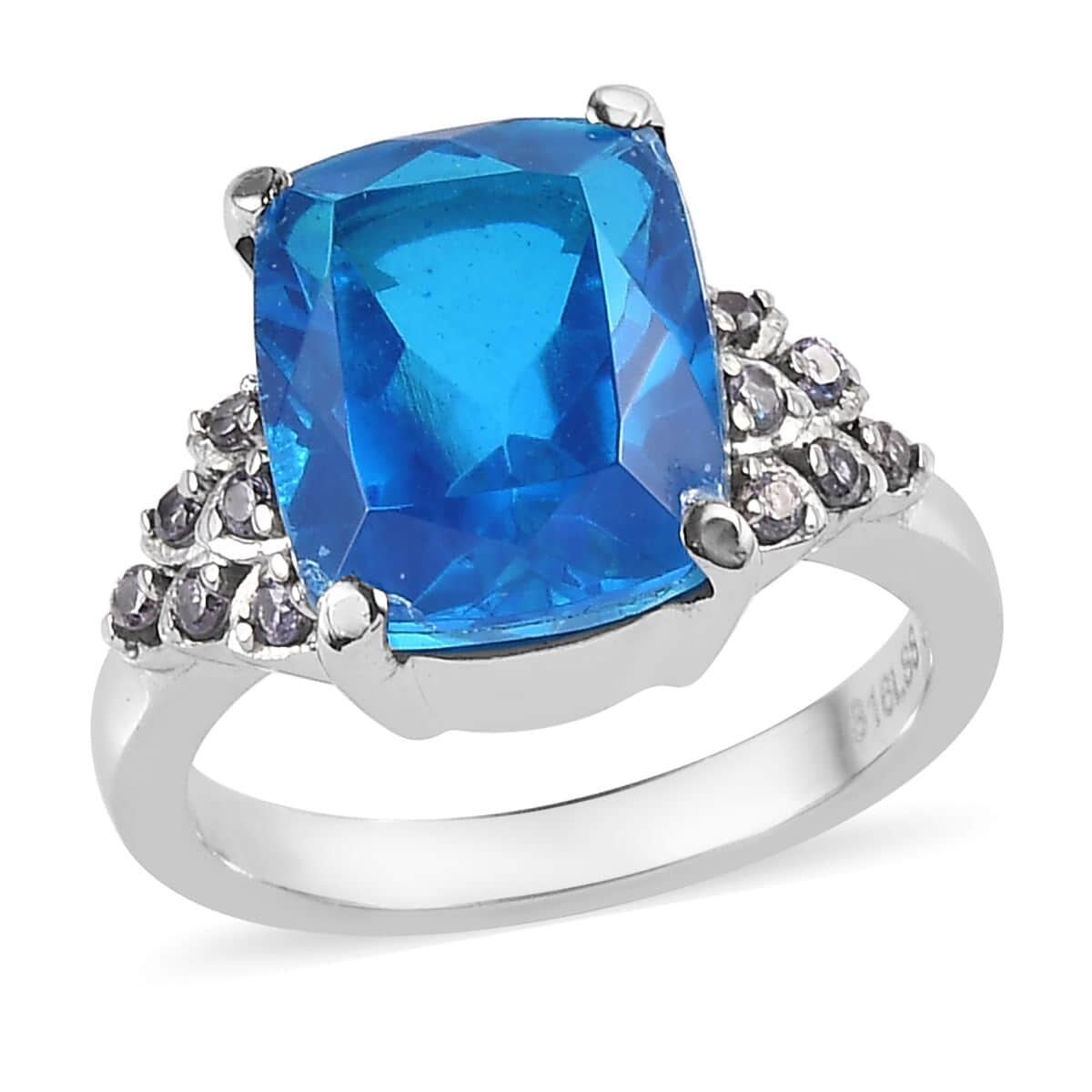Caribbean Quartz (Triplet) and Simulated Blue Diamond Ring in Stainless Steel (Size 11.0) 6.35 ctw image number 0