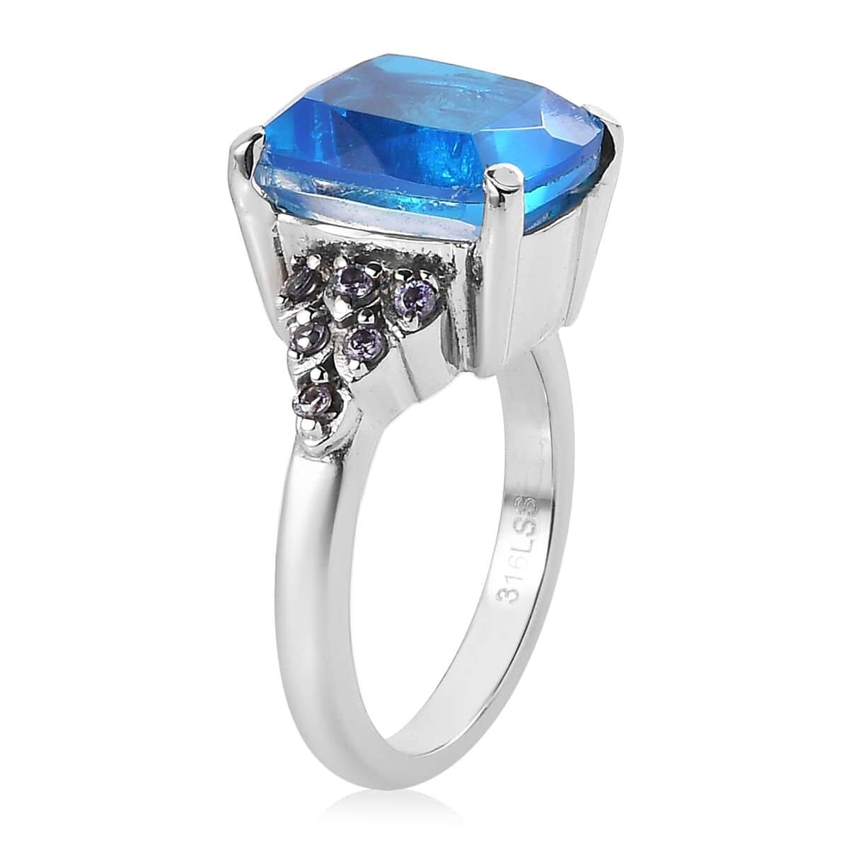 Caribbean Quartz (Triplet) and Simulated Blue Diamond Ring in Stainless Steel (Size 6.0) 6.35 ctw image number 3