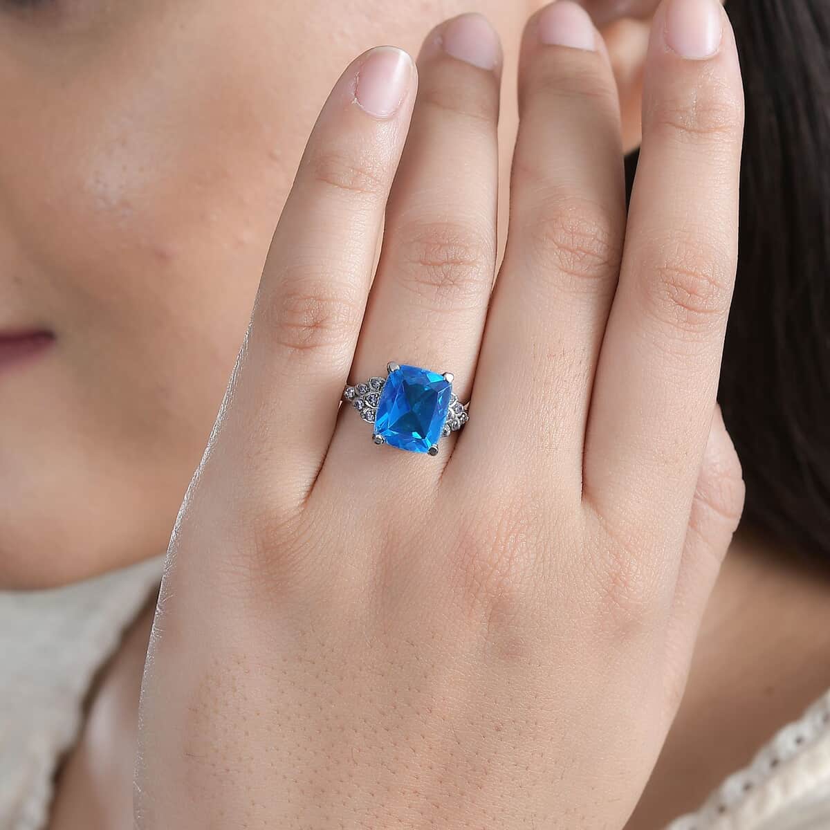 Caribbean Quartz (Triplet) and Simulated Blue Diamond Ring in Stainless Steel (Size 8.0) 6.35 ctw image number 2