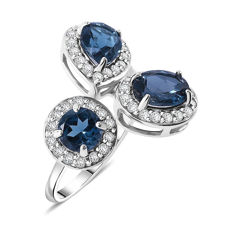 London Blue Topaz and White Zircon 4.85 ctw Ocean Blossom Ring in Platinum Over Sterling Silver (Size 10.0)