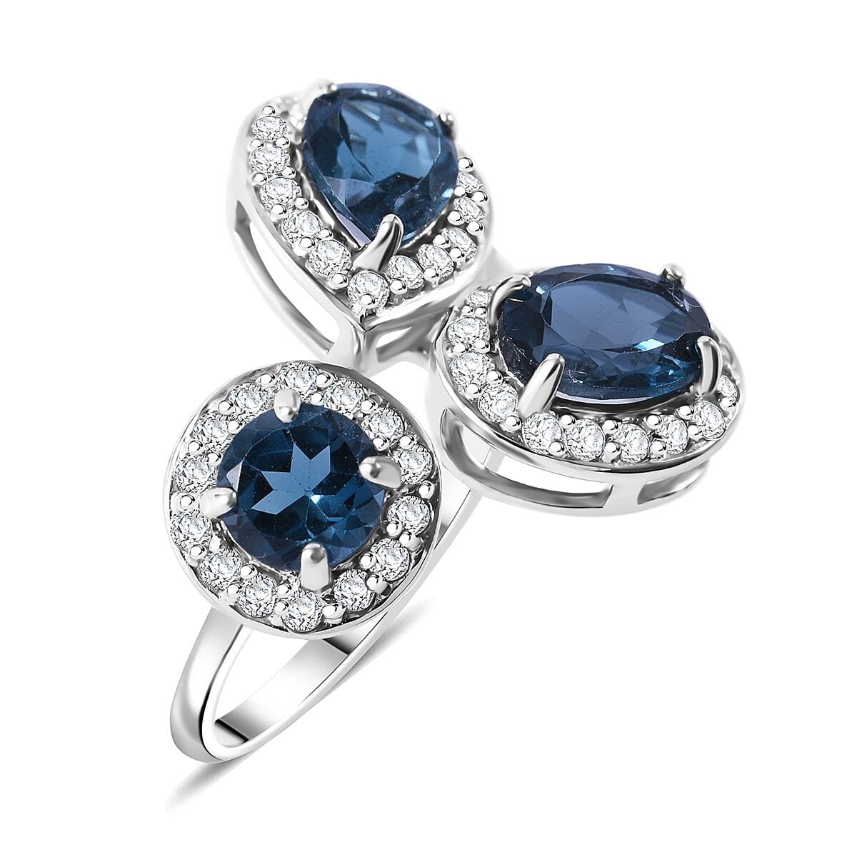 London Blue Topaz and White Zircon 4.85 ctw Ocean Blossom Ring in Platinum Over Sterling Silver (Size 8.0) image number 0