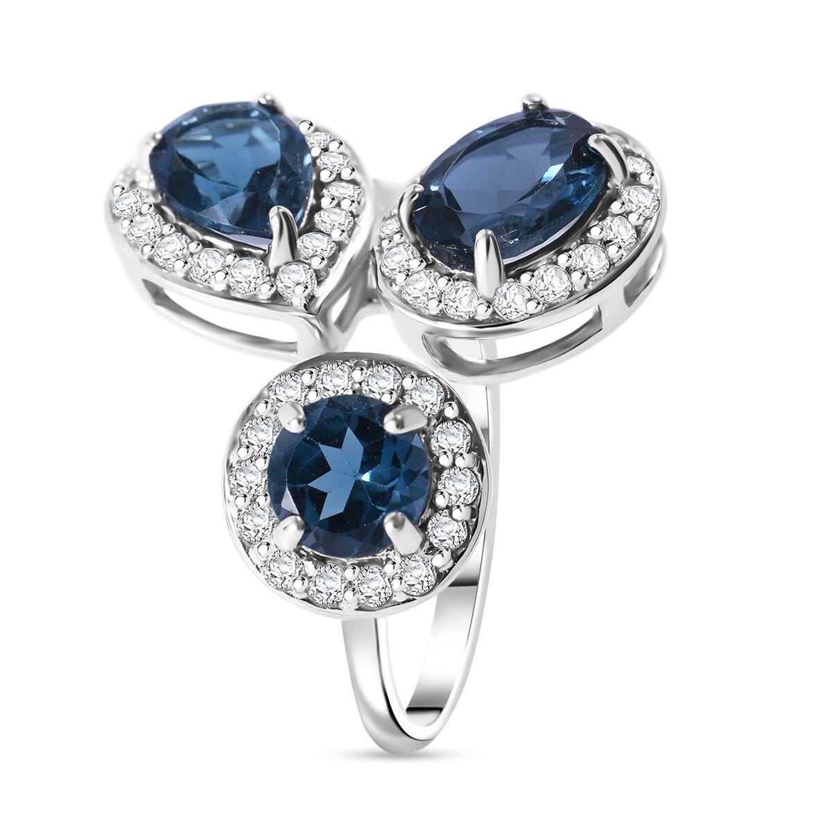 London Blue Topaz and White Zircon 4.85 ctw Ocean Blossom Ring in Platinum Over Sterling Silver (Size 8.0) image number 2