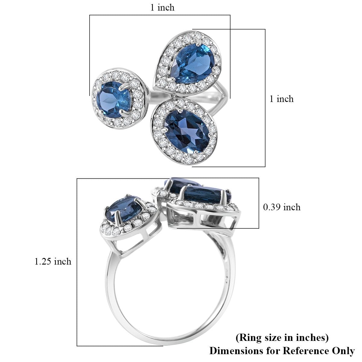 London Blue Topaz and White Zircon 4.85 ctw Ocean Blossom Ring in Platinum Over Sterling Silver (Size 8.0) image number 4