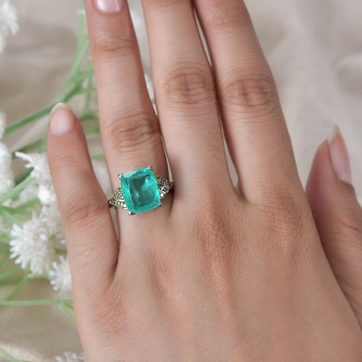 Emeraldine Quartz (Triplet) and Simulated Green Diamond Ring in Stainless Steel (Size 6.0) 6.75 ctw image number 2