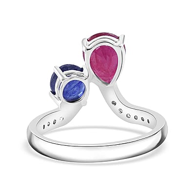 Niassa Ruby (FF), Masoala Sapphire (FF) and White Zircon Ring in Platinum Over Sterling Silver (Size 10.0) 3.85 ctw
