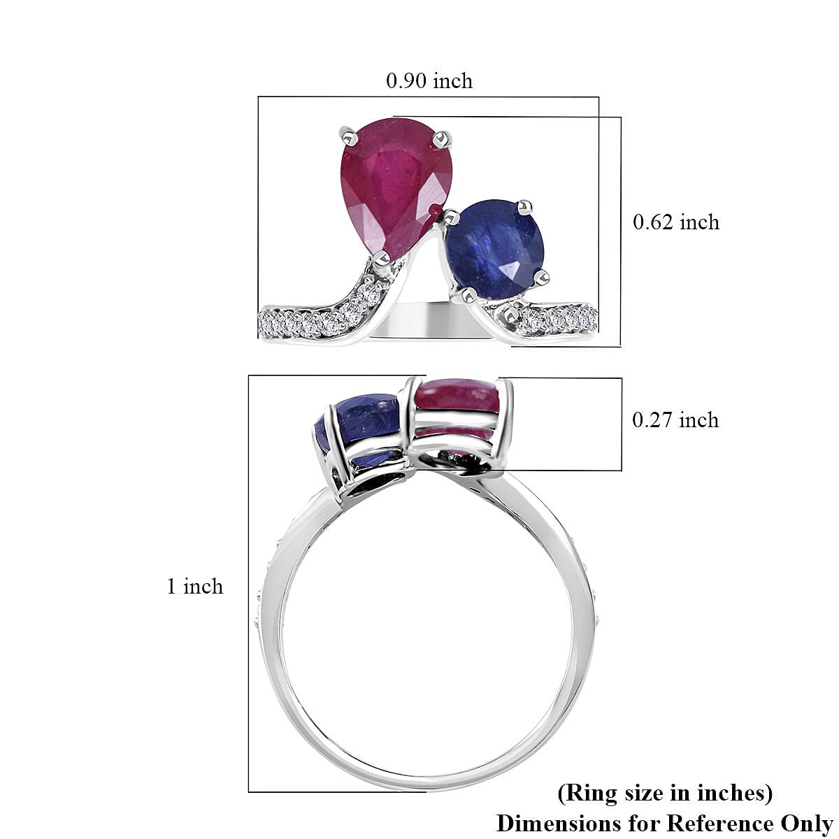 Niassa Ruby (FF), Masoala Sapphire (FF) and White Zircon Ring in Platinum Over Sterling Silver (Size 10.0) 3.85 ctw