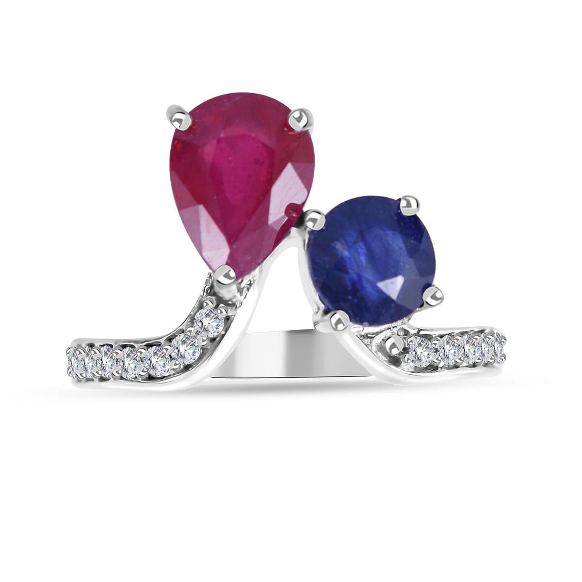 Niassa Ruby (FF), Masoala Sapphire (FF) and White Zircon Ring in Platinum Over Sterling Silver (Size 6.0) 3.85 ctw image number 0