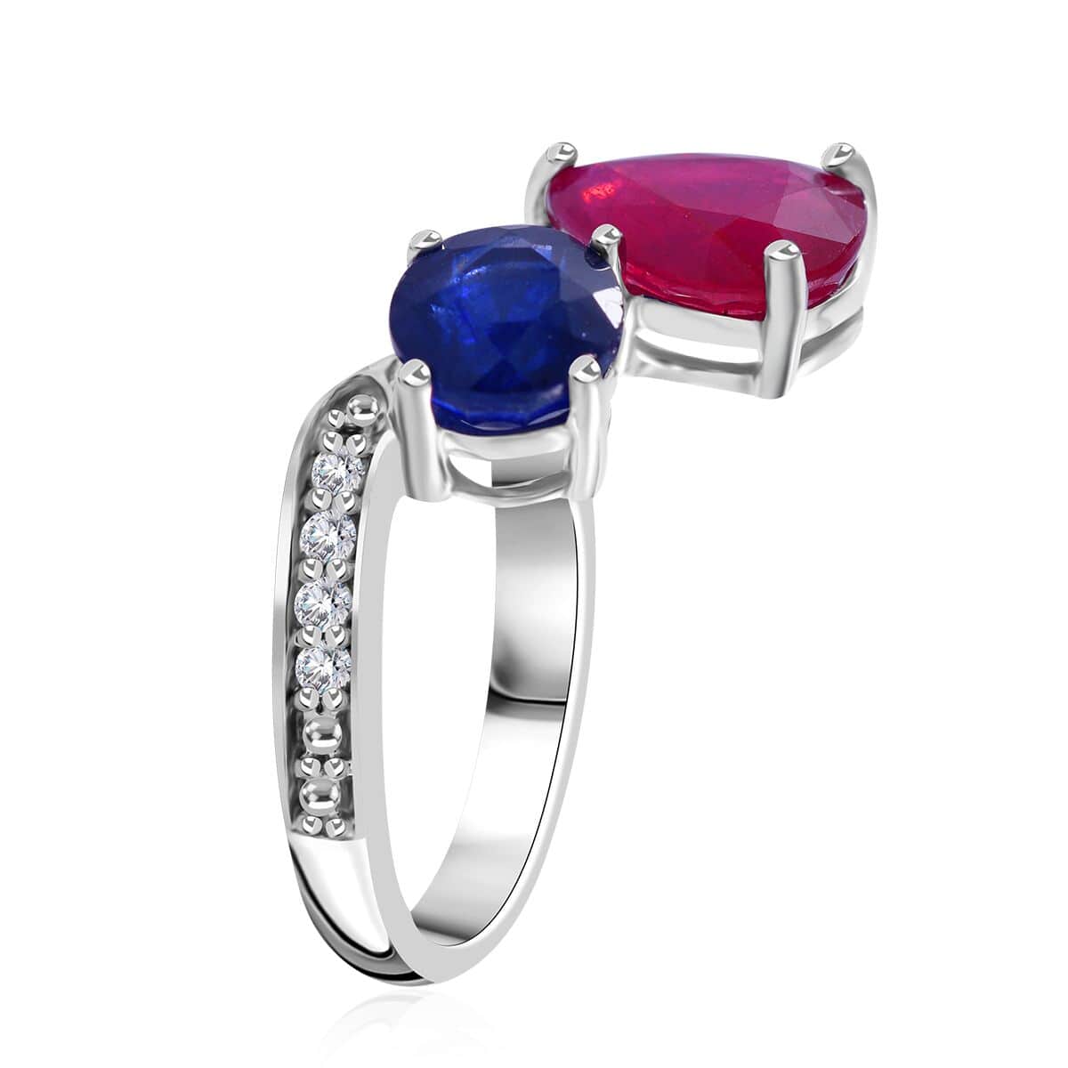 Niassa Ruby (FF), Masoala Sapphire (FF) and White Zircon Ring in Platinum Over Sterling Silver (Size 6.0) 3.85 ctw image number 2