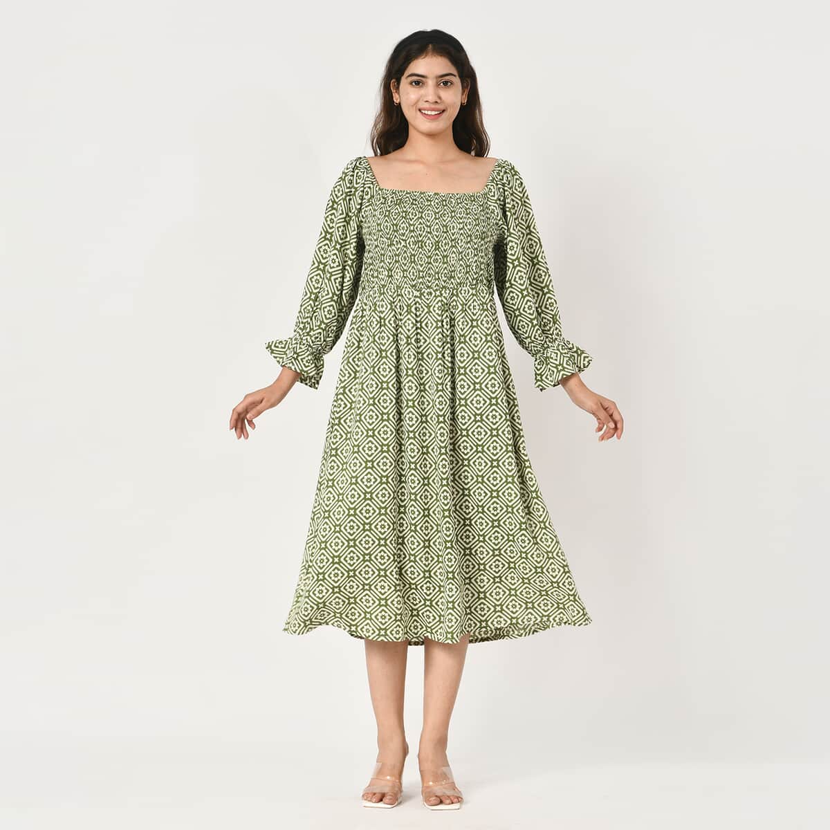 Tamsy Green Floral Square Printed Smocking Dress - One Size Fits Most image number 0