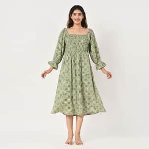 Tamsy Green Floral Square Printed Smocking Dress - One Size Fits Most