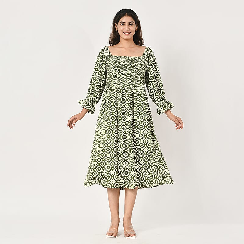 Tamsy Green Floral Square Printed Smocking Dress - One Size Fits Most