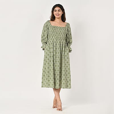 Tamsy Green Floral Square Printed Smocking Dress - One Size Fits Most