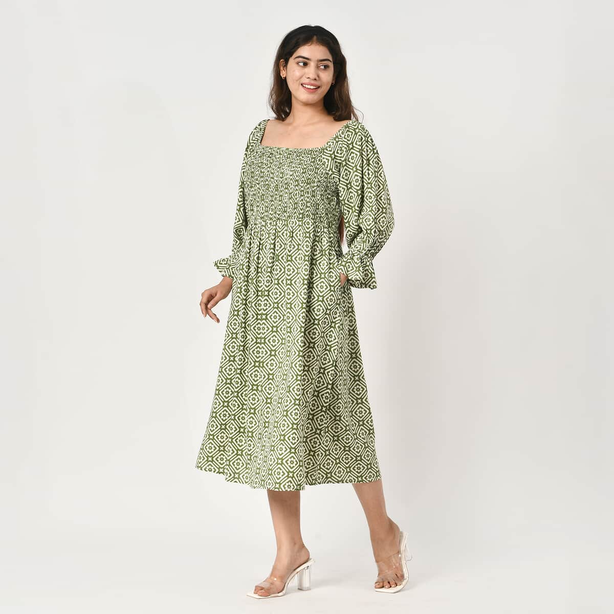 Tamsy Green Floral Square Printed Smocking Dress - One Size Fits Most image number 2